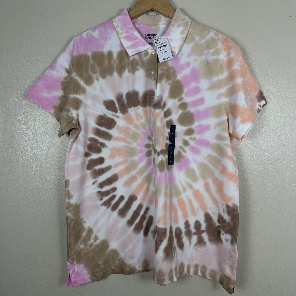 Lands End Women's Large Tie Dye Short Sleeve Polo Prep School Hippie‎ NEW